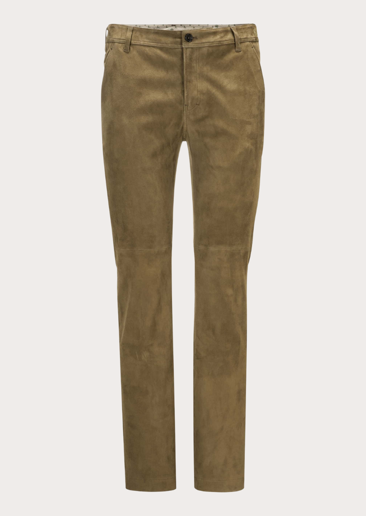 Genuine brown suede leather pants for men featuring a soft and luxurious texture
