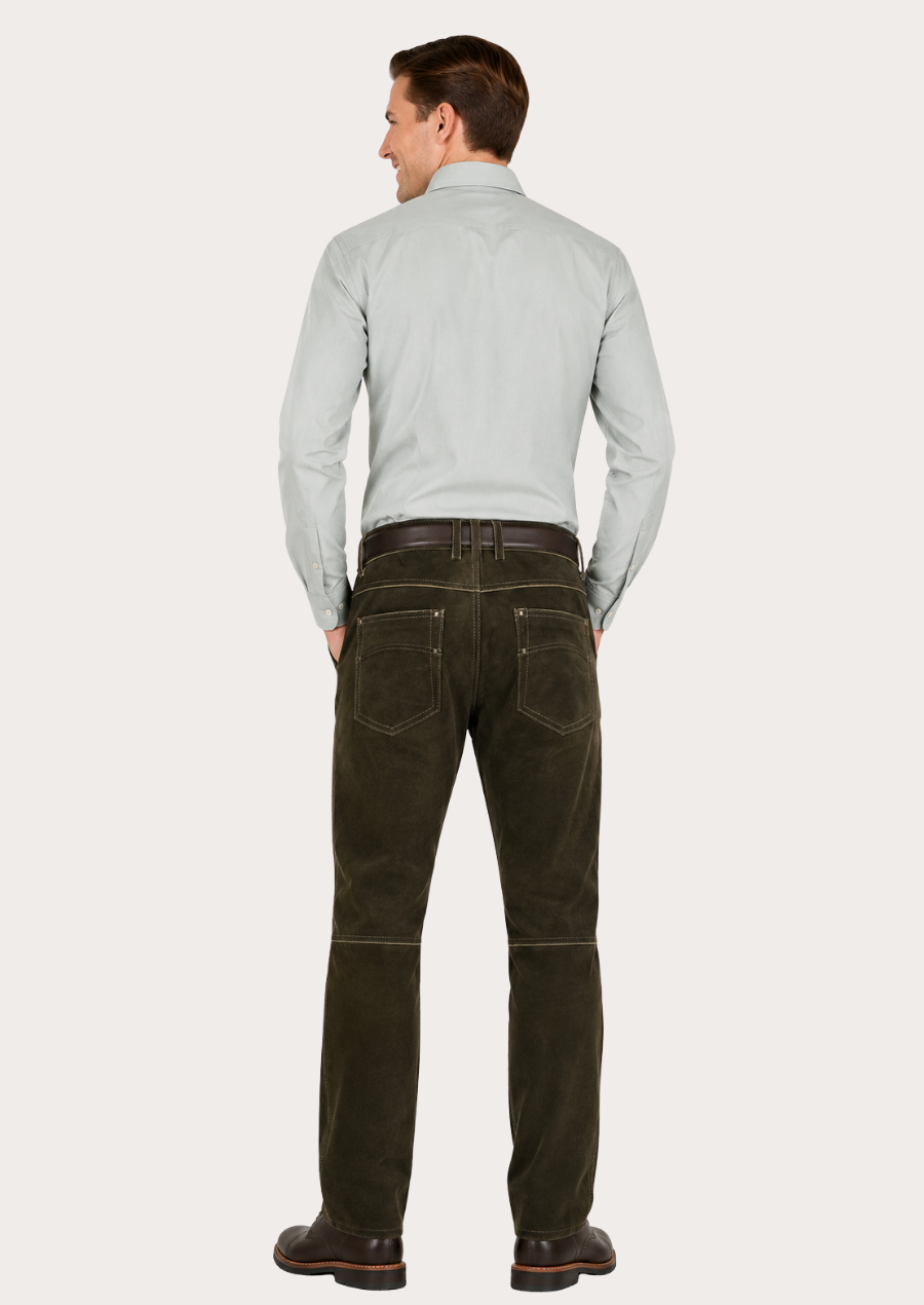 Men's vintage brown suede pants combining traditional craftsmanship with modern style