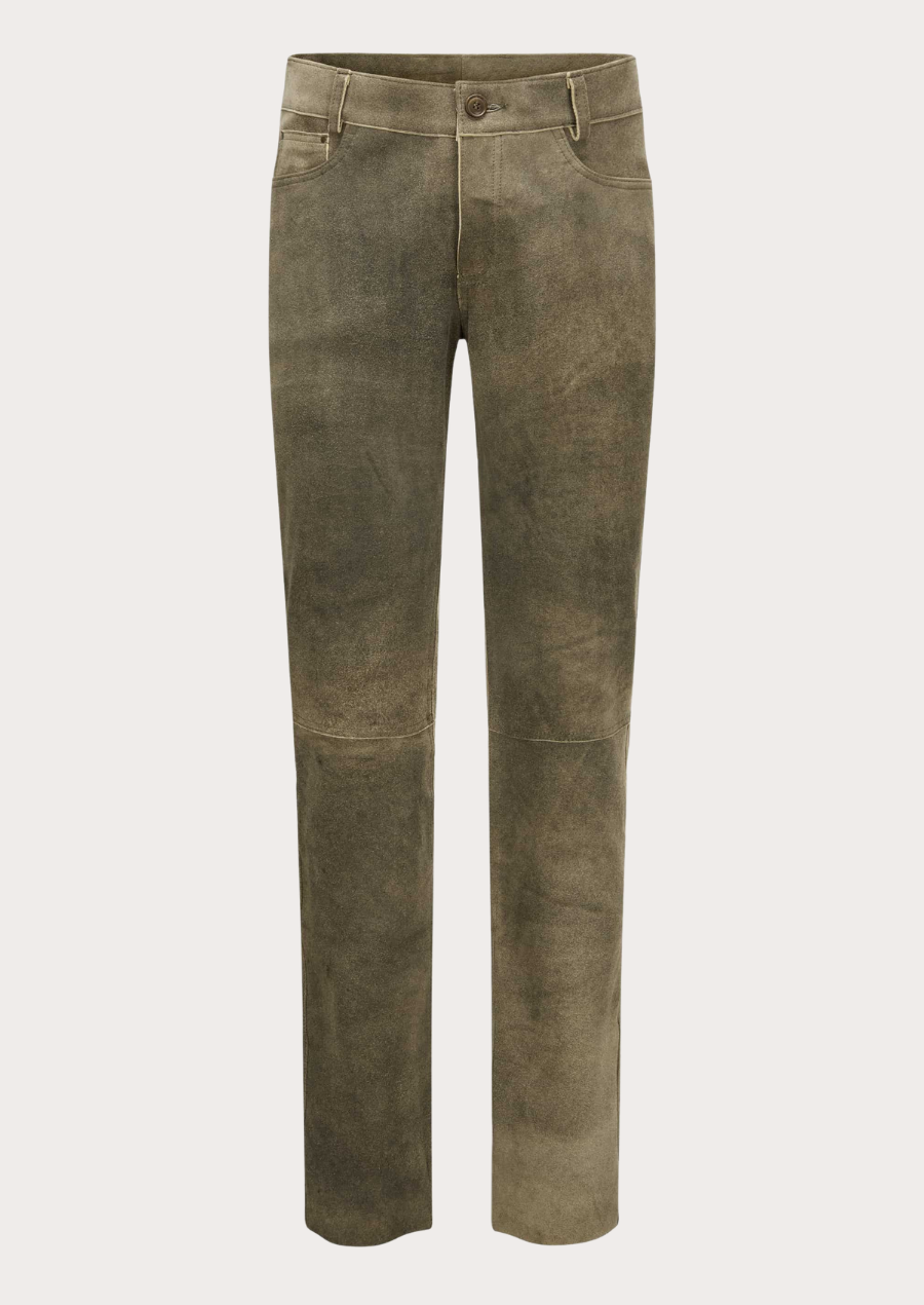 Vintage olive brown suede trousers for men crafted from premium leather