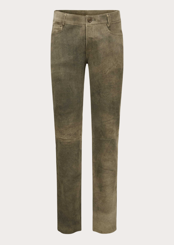 Vintage olive brown suede trousers for men crafted from premium leather