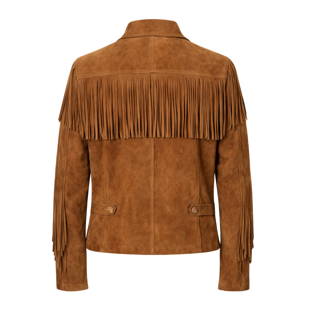 Tan brown suede western fringe jacket with authentic western design and tassels