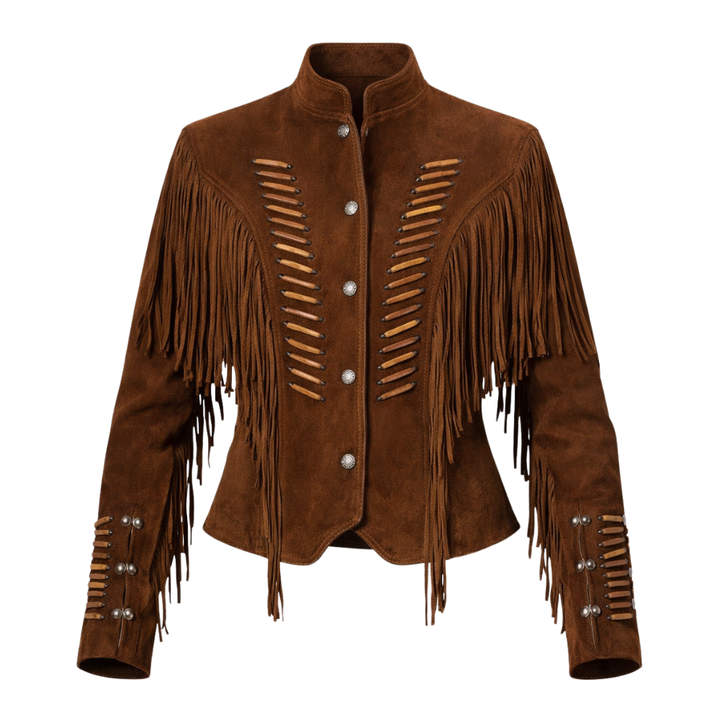 brown suede western fringe jacket with tassel details