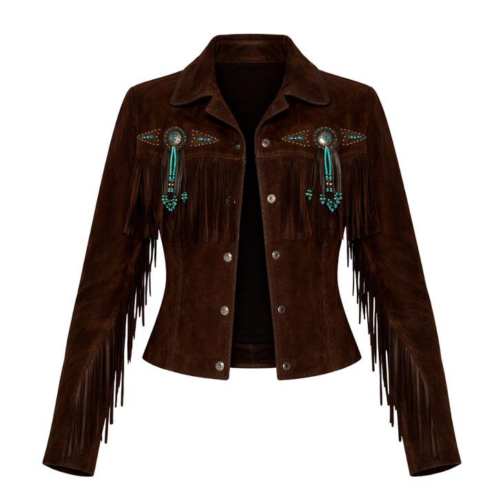 Brown suede western fringes jacket with stylish design for women