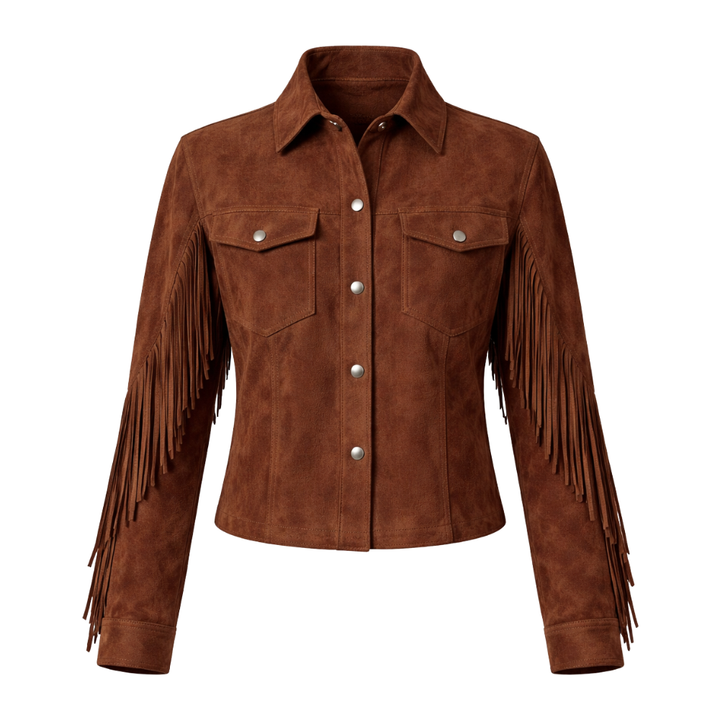 Women's brown western suede trucker jacket with cowgirl details