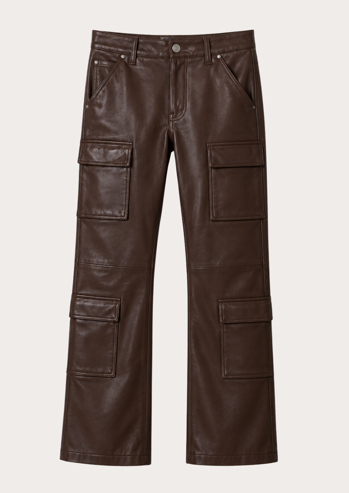 Brown utility wear cargo pants crafted from genuine sheepskin leather for lasting comfort
