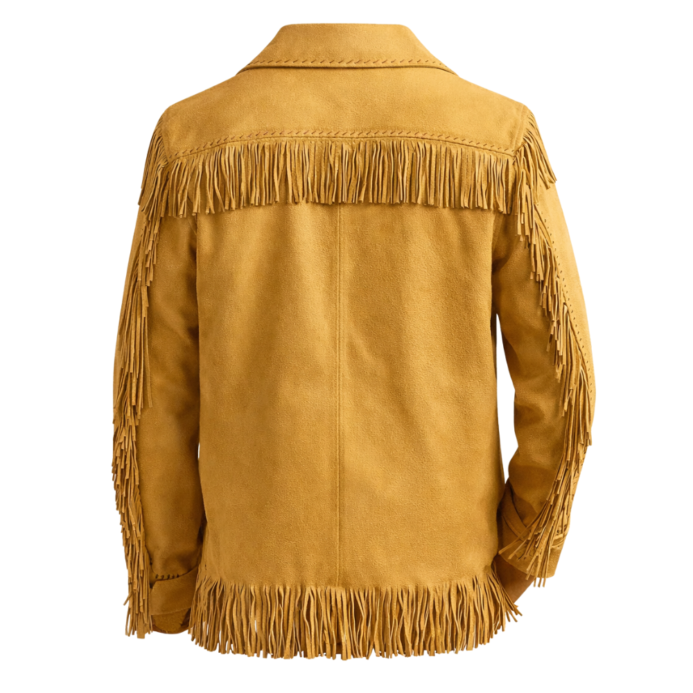 Men's retro brown fringe leather jacket with authentic vintage design and tassels
