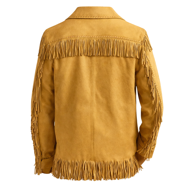 Men's retro brown fringe leather jacket with authentic vintage design and tassels