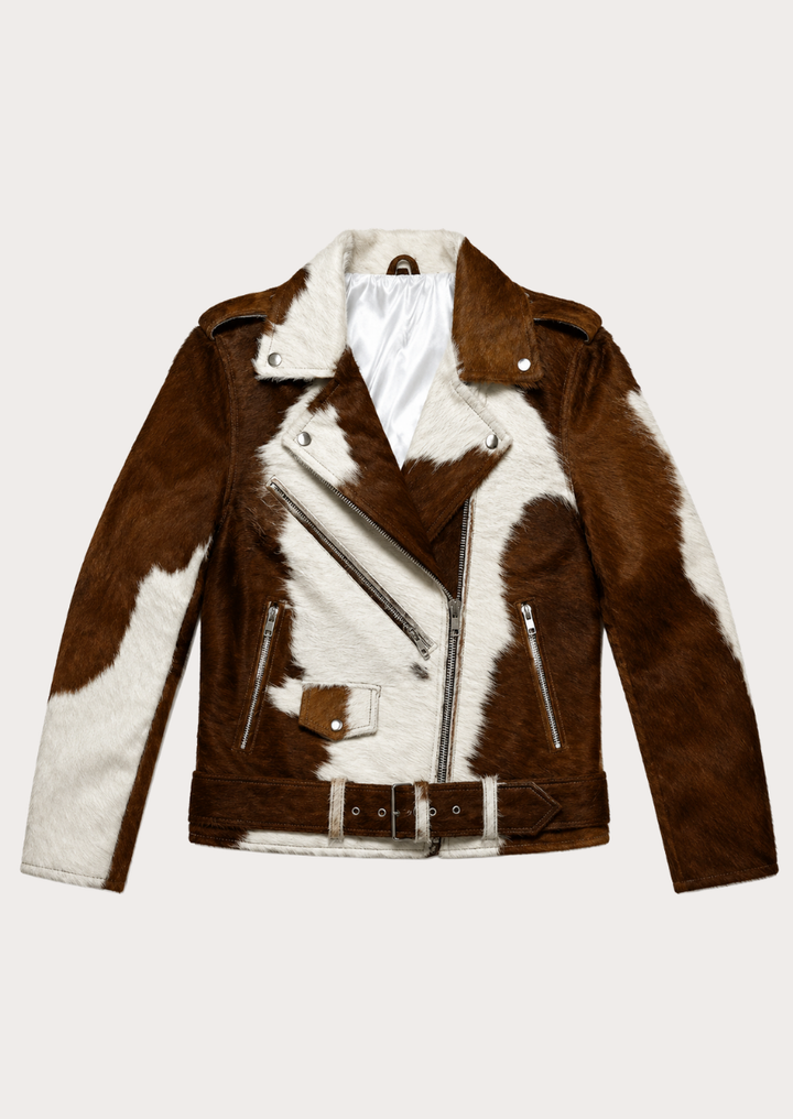 Genuine hair on hide cowhide motorcycle jacket featuring classic biker styling