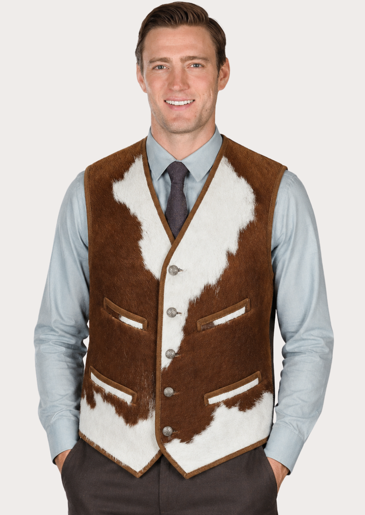 Western cowboy vest featuring a natural cowhide pattern and button-front closure