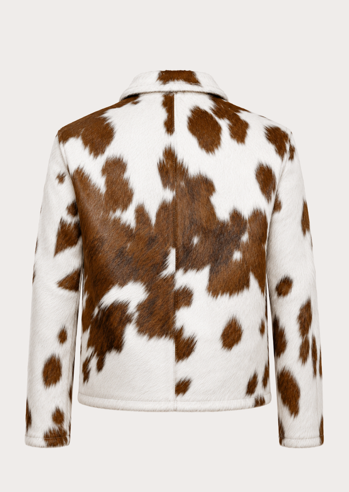 Brown white hair on hide coat for men crafted from genuine cowhide leather