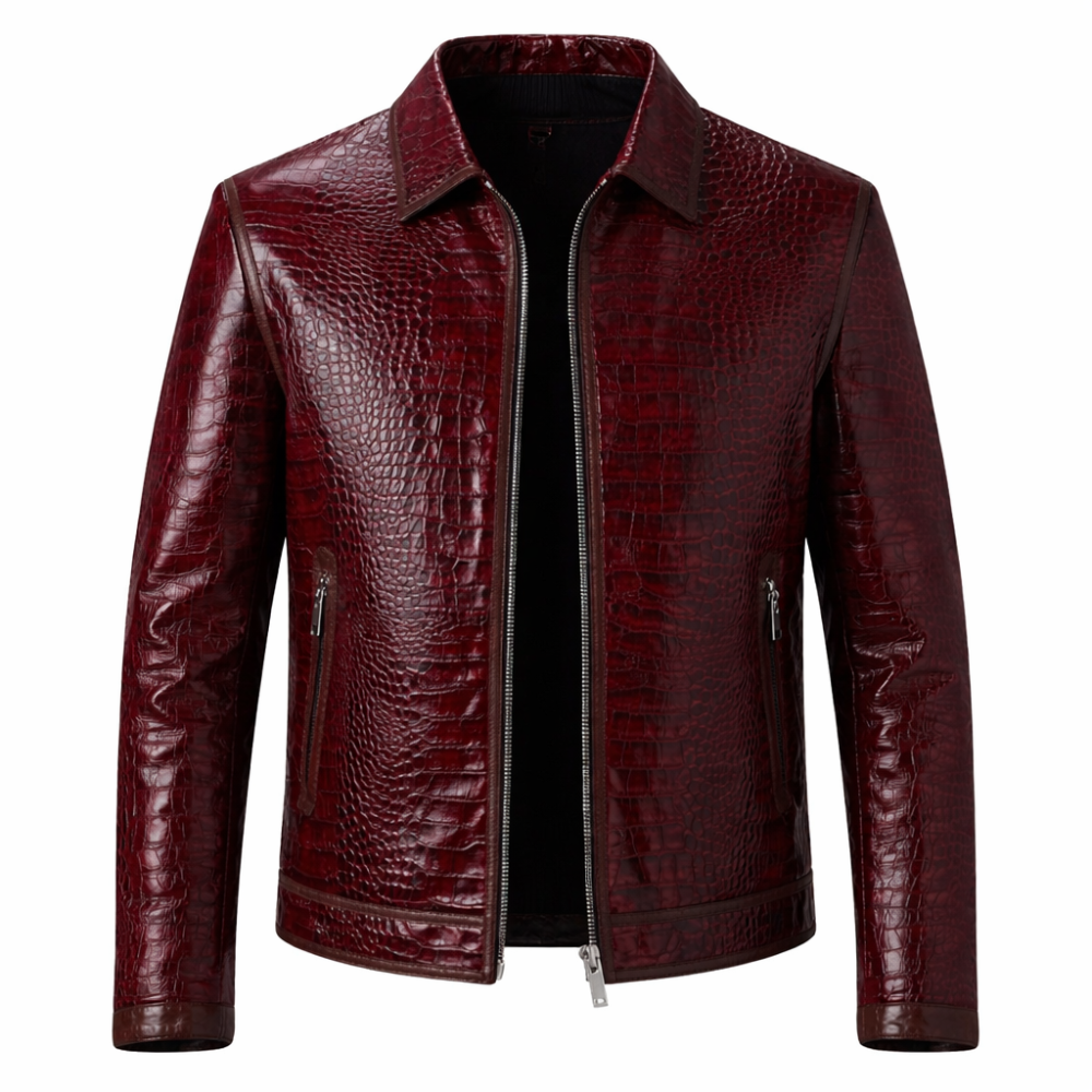 Trendy burgundy crocodile embossed leather jacket for casual outings