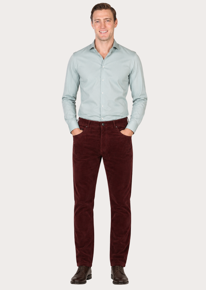 Premium lambskin suede leather pants in rich burgundy color with functional pockets