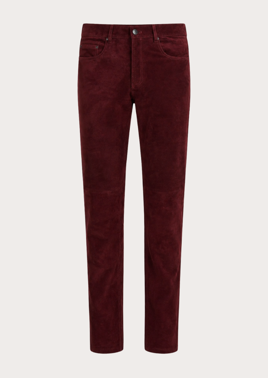 Burgundy suede leather pants crafted from premium lambskin with a straight-leg fit