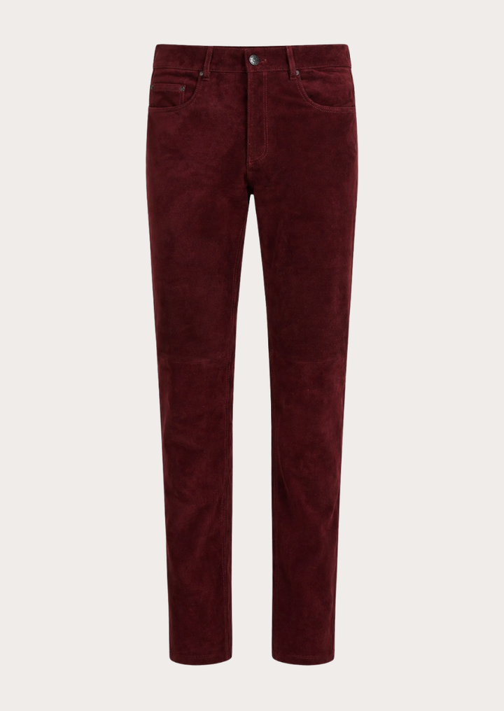Burgundy suede leather pants crafted from premium lambskin with a straight-leg fit