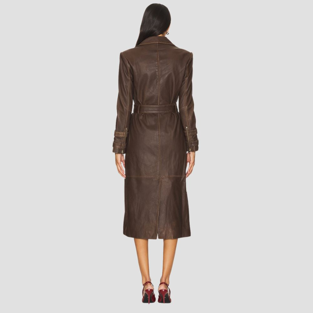 Embrace winter with style by choosing this double-breasted brown leather coat for women. Its sleek, tailored design offers a sophisticated look with practical warmth.