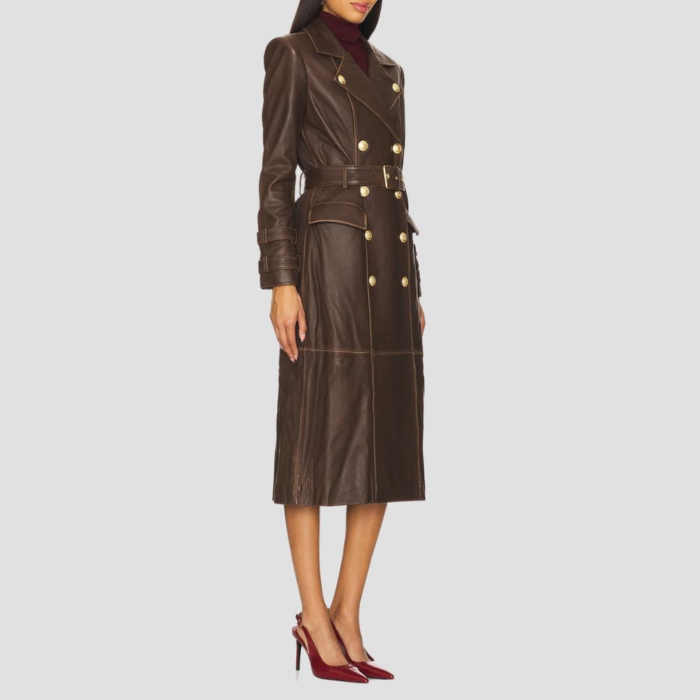 Stay chic and warm with this double-breasted brown leather coat for women. The classic design and luxurious leather make it ideal for cold-weather fashion.