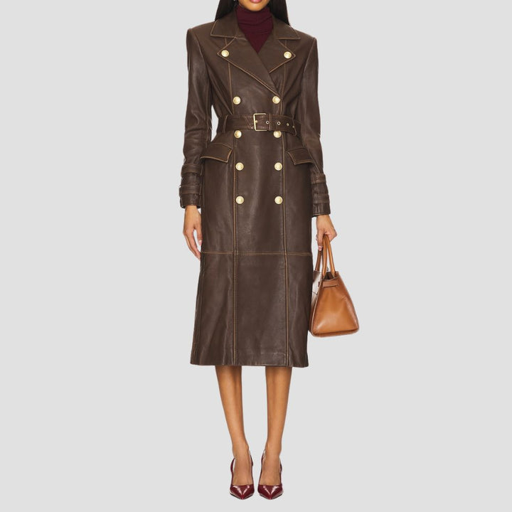 Buy this double-breasted brown leather coat for women, perfect for winter. Its stylish design offers warmth and elegance, making it a must-have outerwear piece.