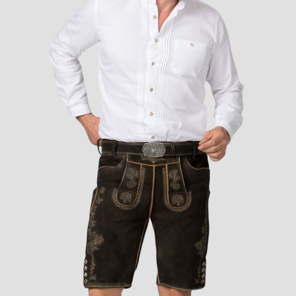 Celebrate Oktoberfest in style with these classic men’s Lederhosen, featuring intricate embroidery for a traditional look.