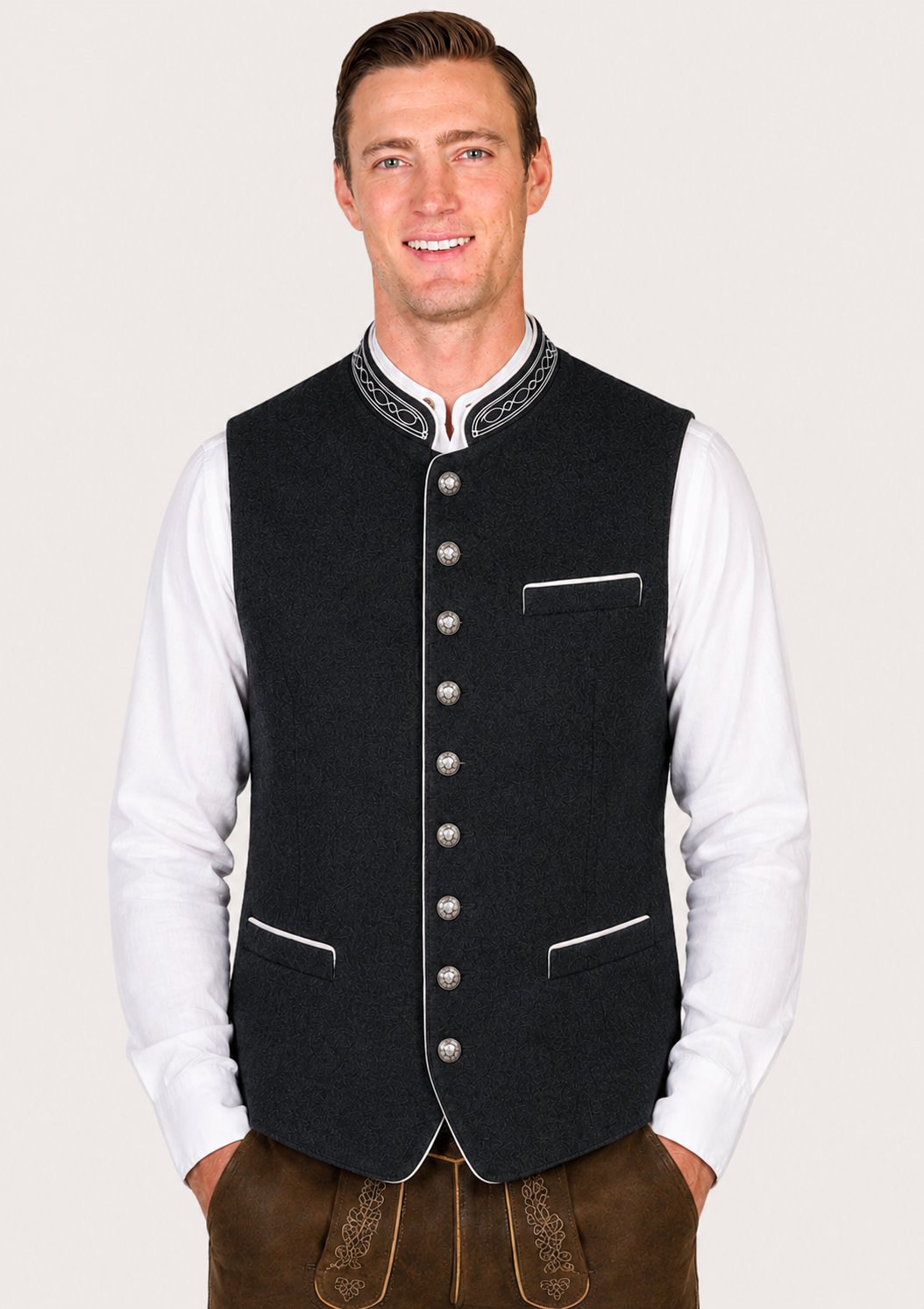 Men's Trachten vest with elegant collar embroidery inspired by traditional Bavarian fashion