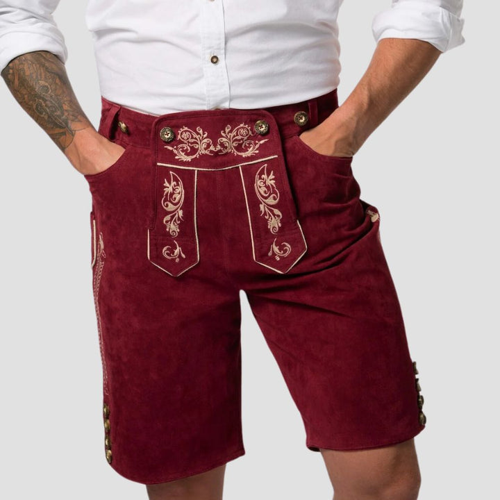 Celebrate Bavarian tradition in stunning red Lederhosen, perfect for Oktoberfest and other cultural events.