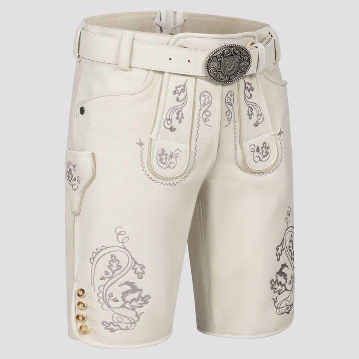 Celebrate Bavarian tradition in stunning white Lederhosen, perfect for Oktoberfest and other cultural events.