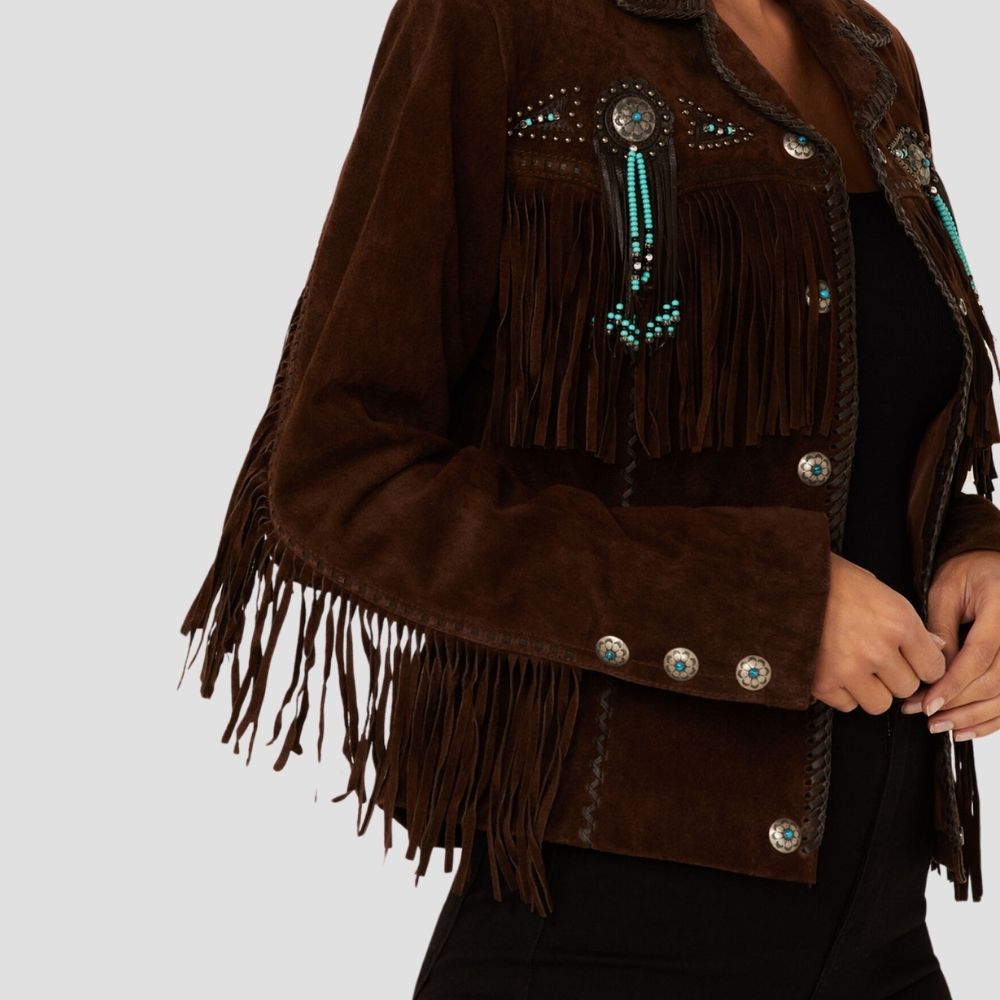 Buy this women’s western leather fringe jacket for a classic look. The fringed details and high-quality leather make it a standout piece for any occasion.