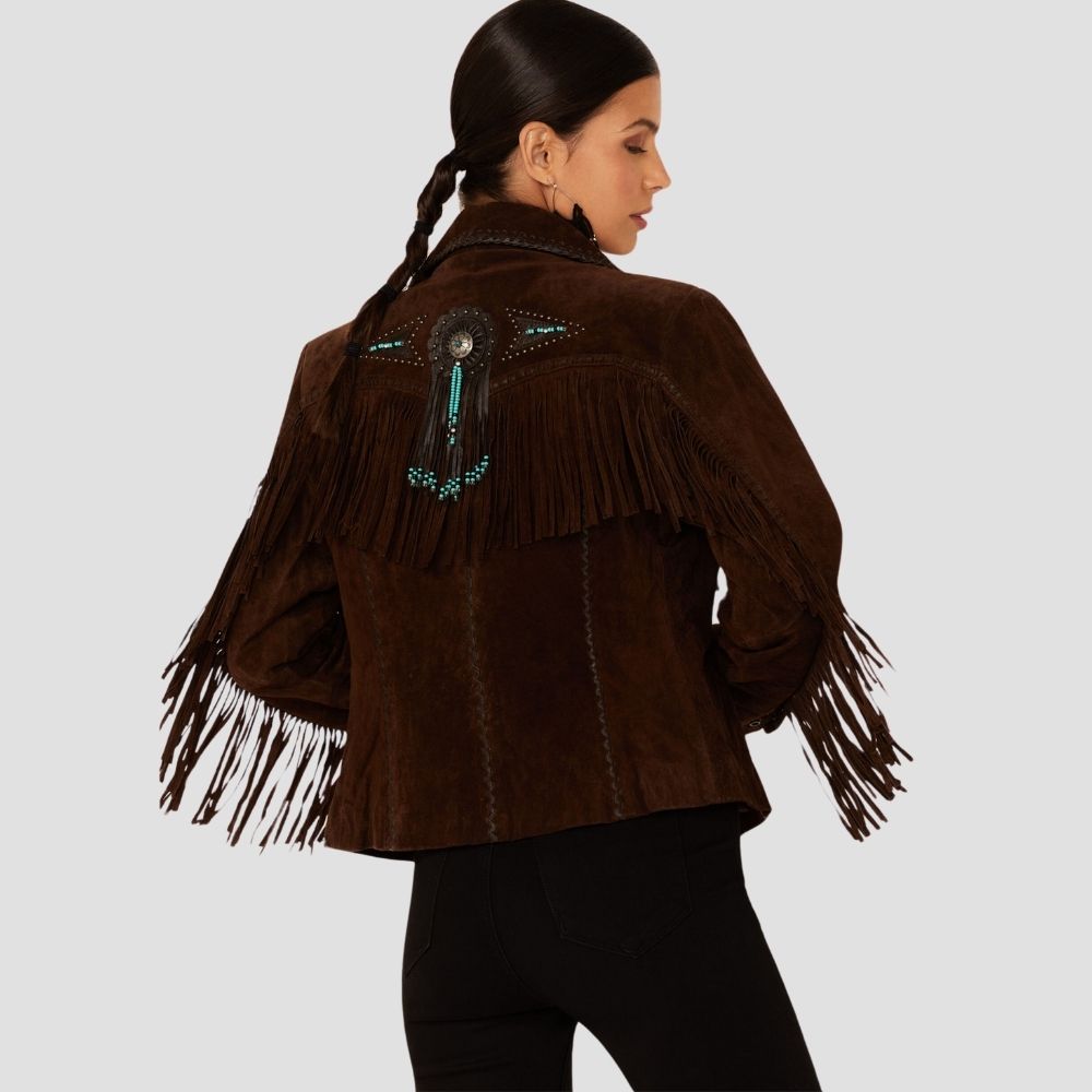  This women’s western leather fringe jacket offers a bold mix of style and tradition. A stylish addition for anyone looking to bring western flair to their wardrobe.