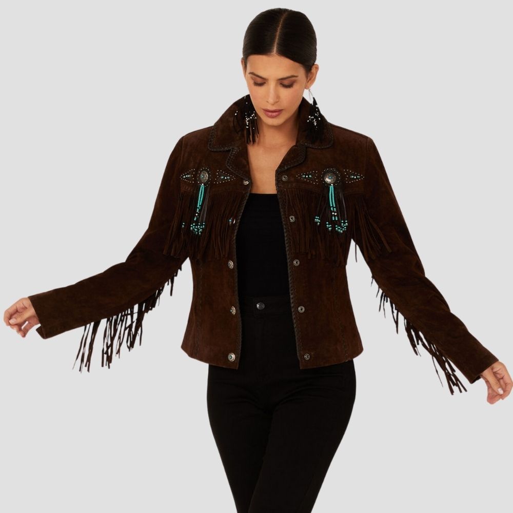 Shop this women’s western leather fringe jacket for a timeless, rugged look. Perfect for adding classic western style to your wardrobe with a modern twist.