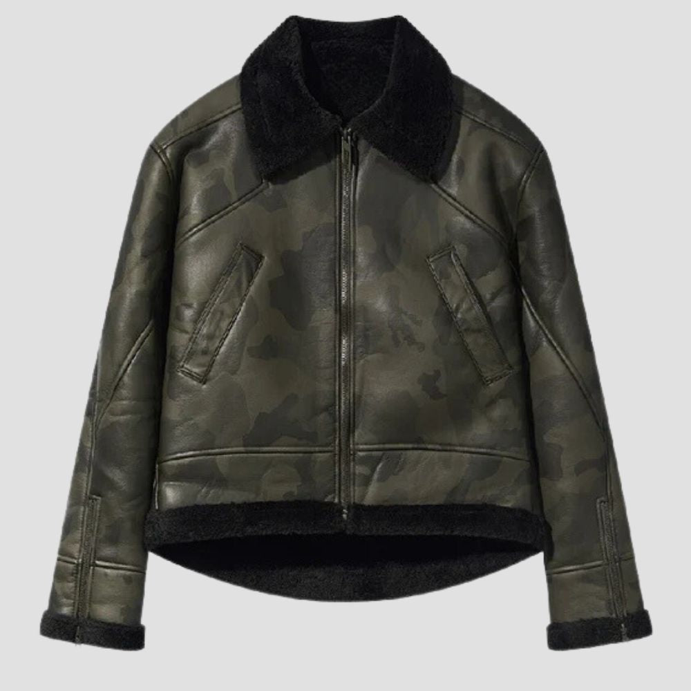 Sheepskin leather jacket with a bold camouflage pattern and black fur.