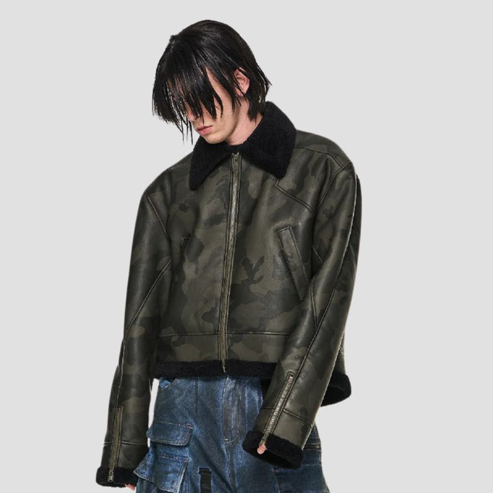 Camouflage embossed leather jacket with black faux fur lining