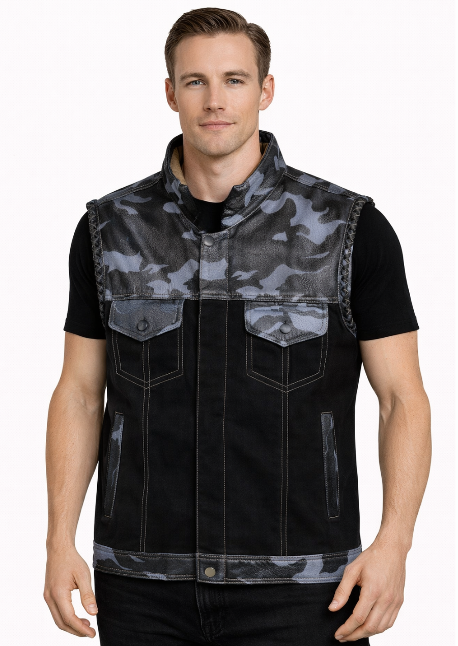 Fashionable black denim camo vest for modern urban style
