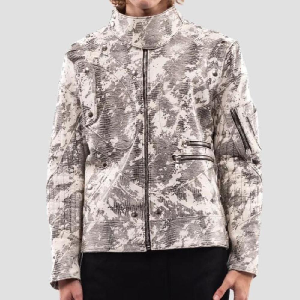 Men’s sheepskin leather jacket with frosted marble camouflage pattern.