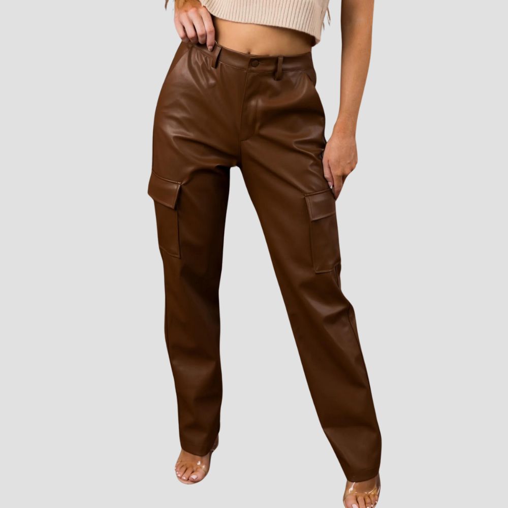 Embrace casual chic with these brown leather cargo pants, offering a mix of comfort and modern style.