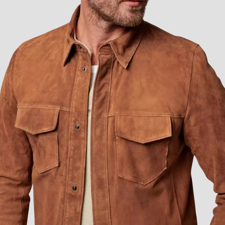 Brown suede leather shirt for men, offering a modern and refined style.