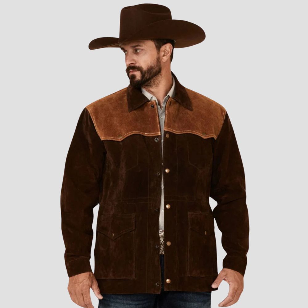 The perfect jacket for casual western fashion, this timeless suede cowboy leather jacket provides versatility and style for any occasion.