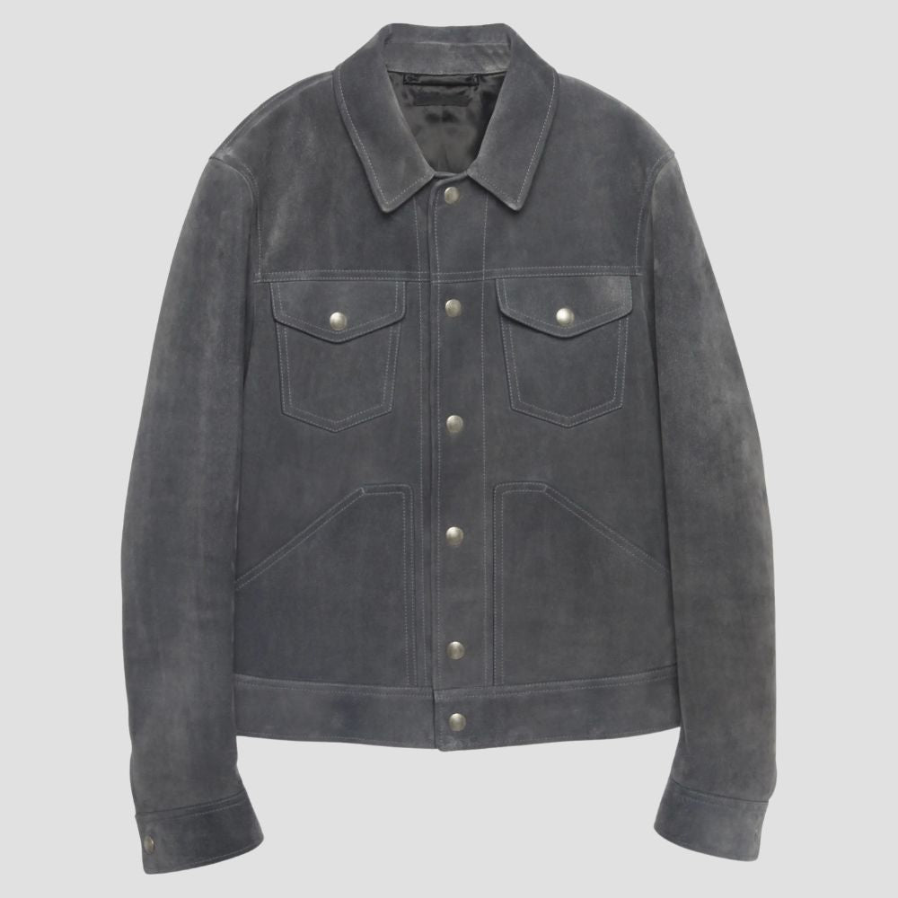 For a refined yet relaxed look, this vintage gray suede leather jacket is the ideal piece to complete your stylish wardrobe.