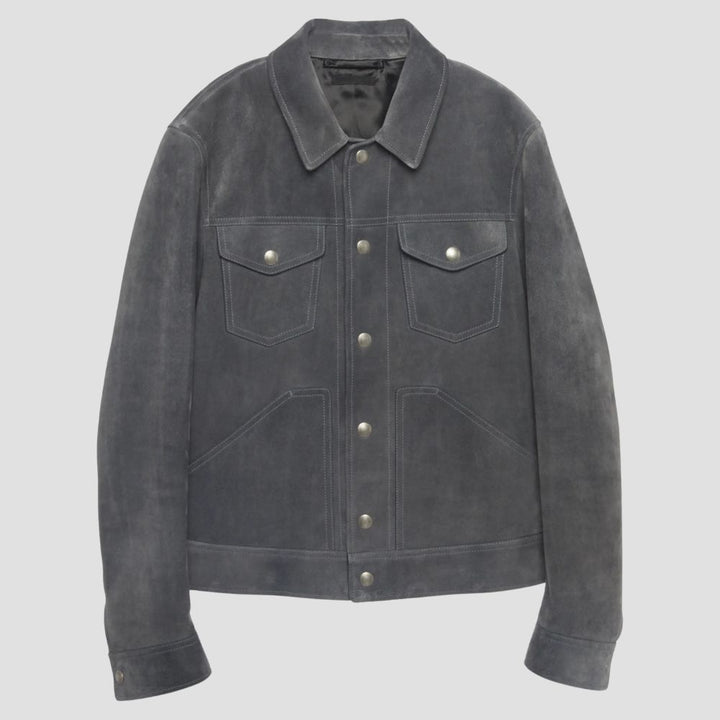 For a refined yet relaxed look, this vintage gray suede leather jacket is the ideal piece to complete your stylish wardrobe.