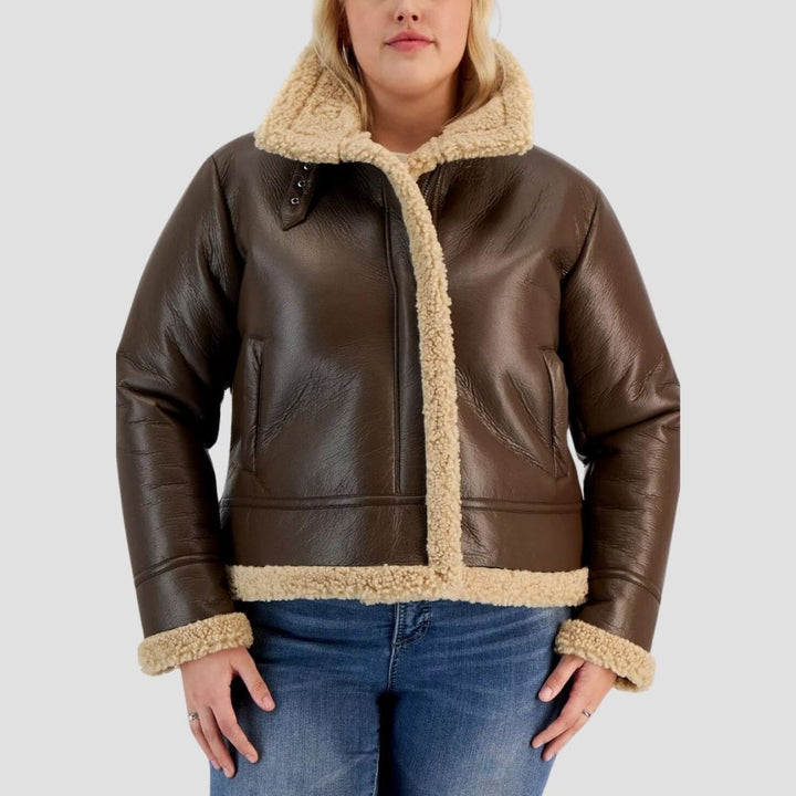 Stay chic and warm with this B3 aviator leather jacket for women. Designed for trendy winter wear, it features luxurious shearling and sleek leather for a stylish look.