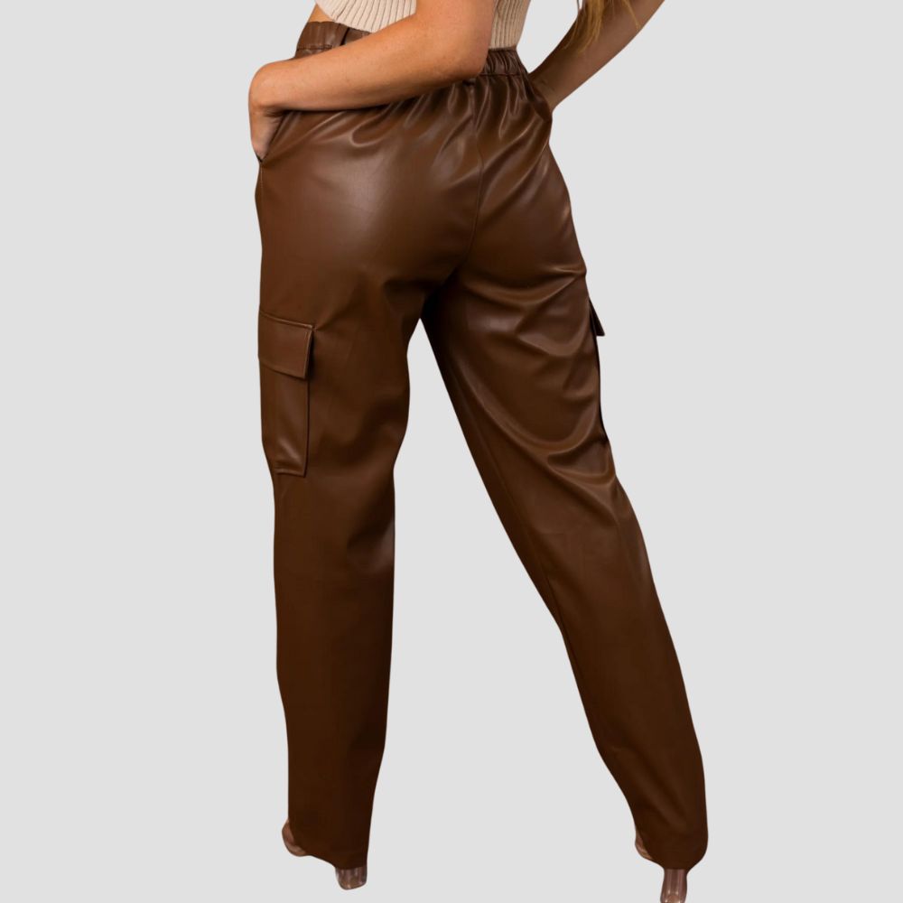 These chic brown leather cargo pants are perfect for any casual day out, blending style and comfort seamlessly.