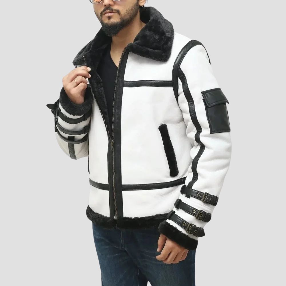 Crafted for sophistication and warmth, this designer white leather jacket with shearling lining is an essential piece for your winter collection.