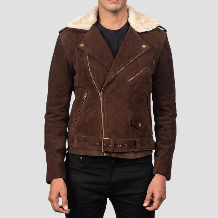 This stylish men’s brown suede jacket with a fur collar offers both comfort and chic winter fashion, ideal for every occasion