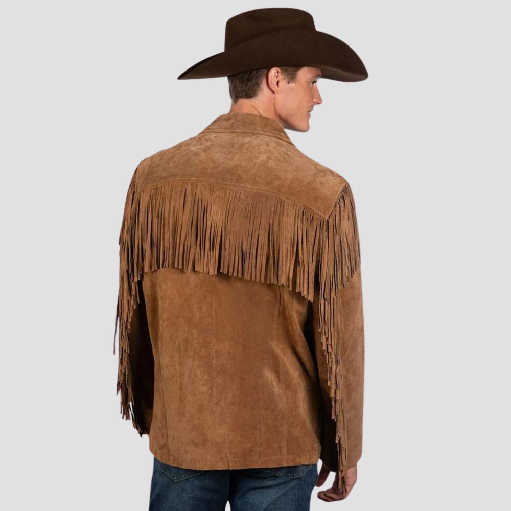 Add a bold touch to your cowboy wardrobe with this fringed western jacket, perfect for those who want to stand out in cowboy fashion.