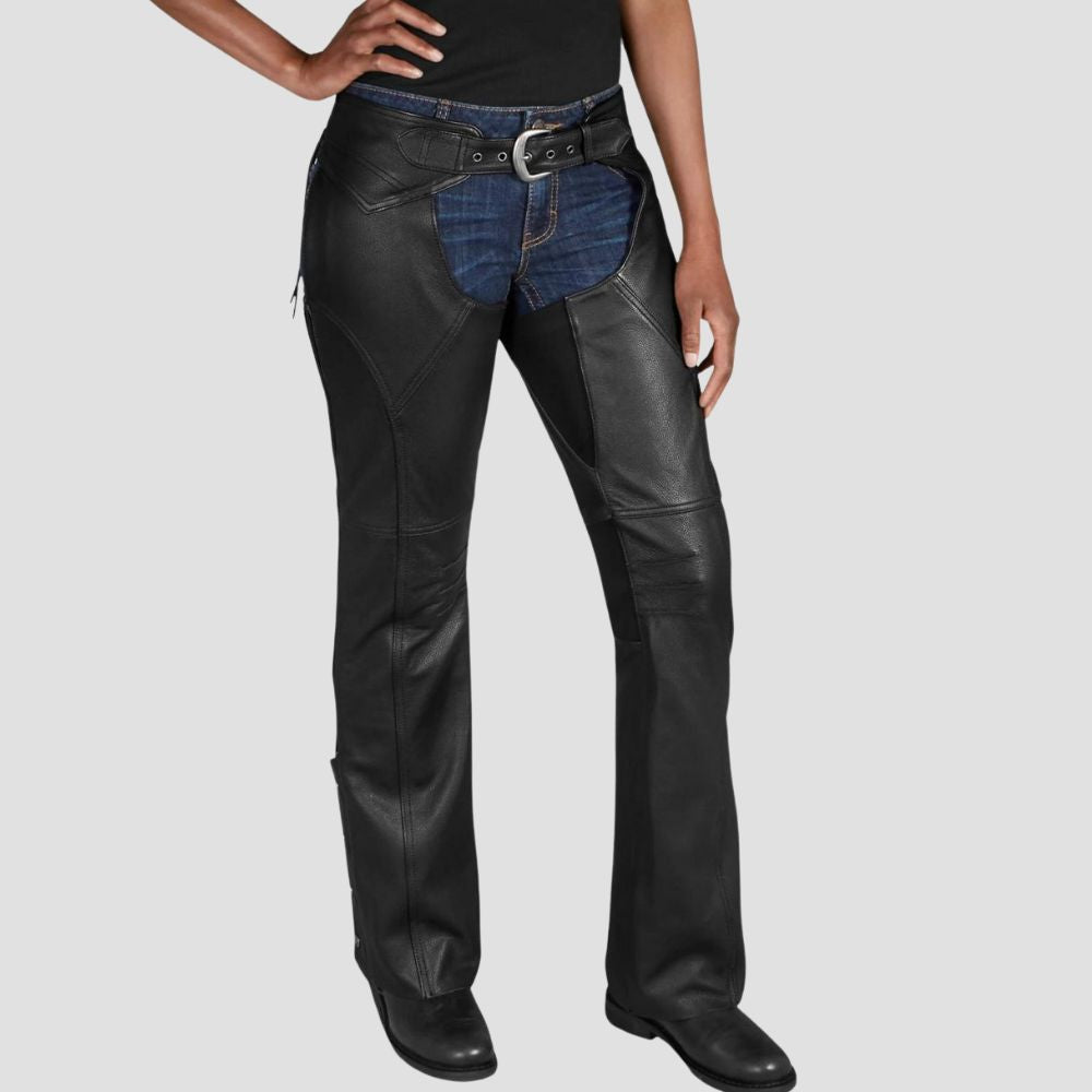 Shop these chic motorcycle women’s leather chaps for riding. Designed for both style and protection, they offer a sleek, edgy look with comfort for long rides.