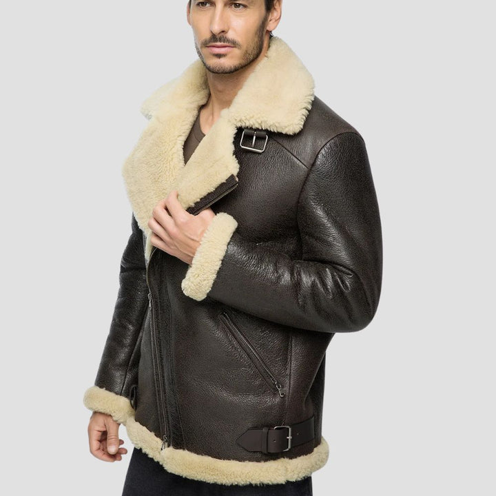 Classic brown aviator jacket made from sheepskin leather with fur interior.