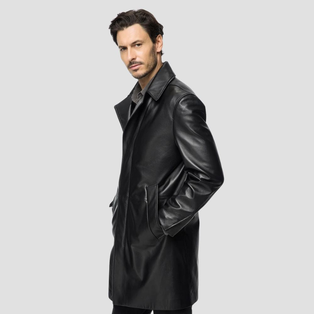 Classic black trench coat for men’s versatile wardrobe.