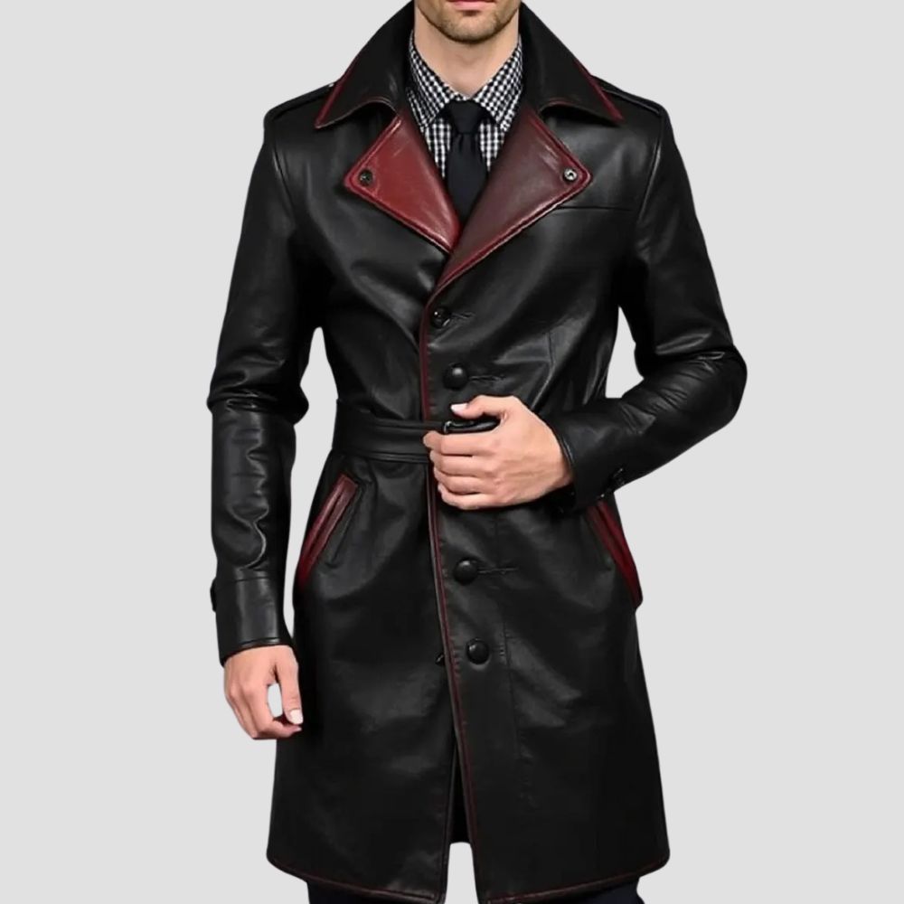 Stylish men’s leather trench coat for casual wear.