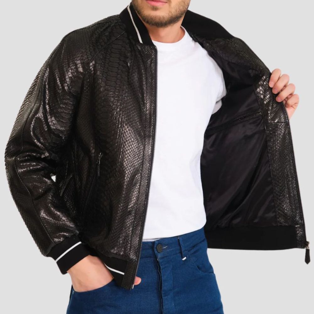 bold black python leather jacket with sleek design - luxury fashion statement