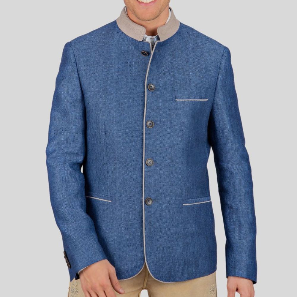 Men’s traditional blue Trachten coat for Oktoberfest.