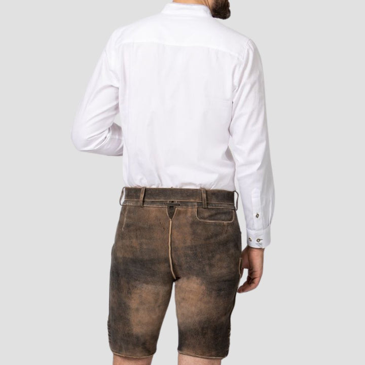 High-quality brown Lederhosen with detailed floral embroidery design