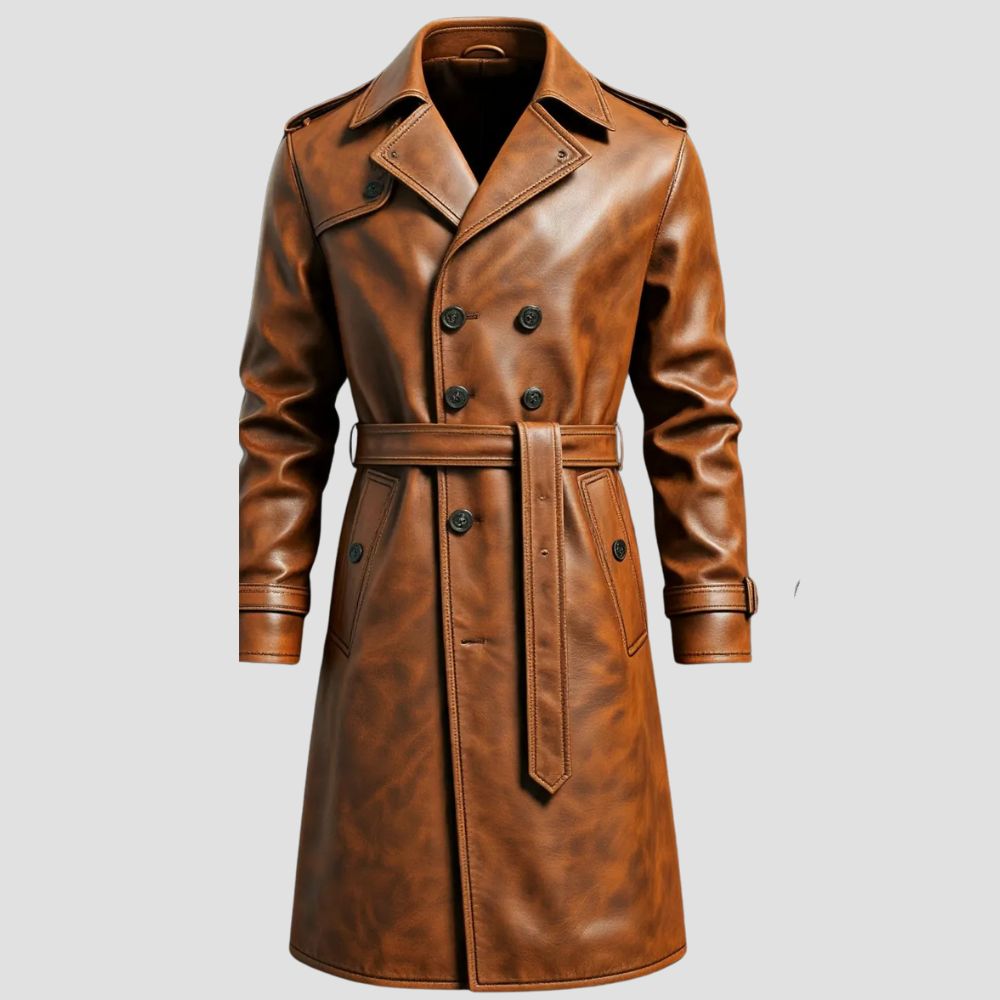 Trendy brown leather trench coat for men with distressed finish.